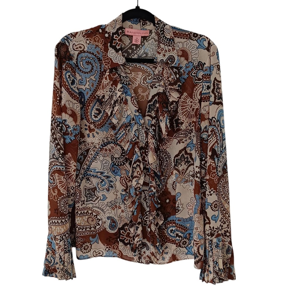 Bandolino Paisley Blouse Sz 12 Sheer 3/4 Sleeve V-Neck Office Top